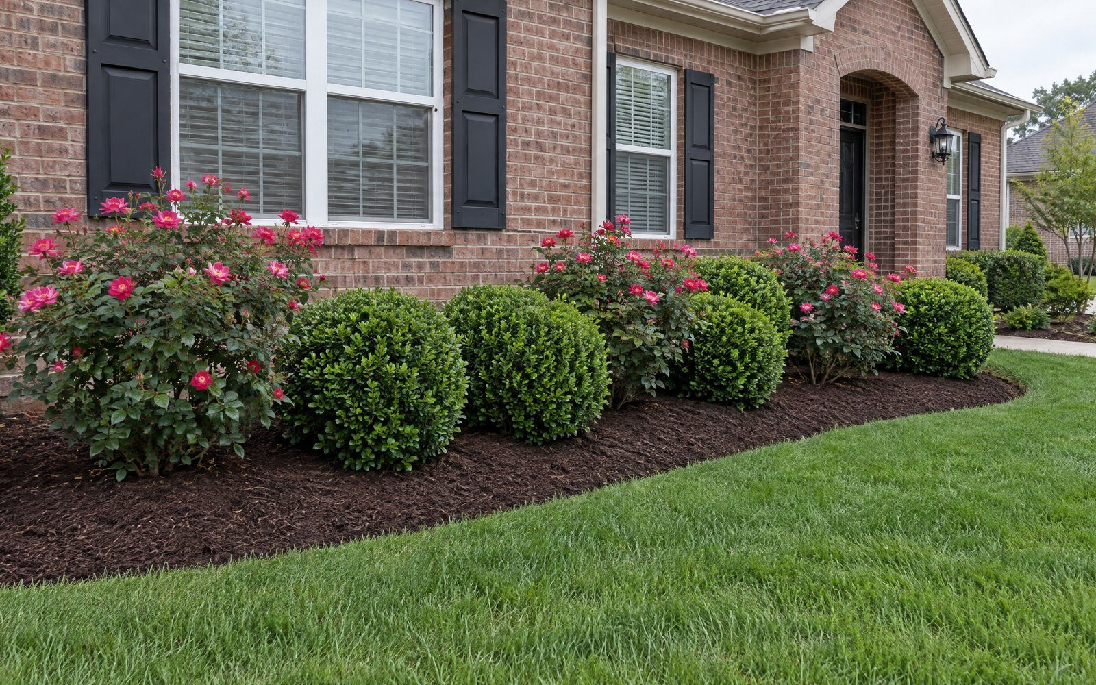 A front landscape bed after clean-up, hand-cut edging and fresh mulch