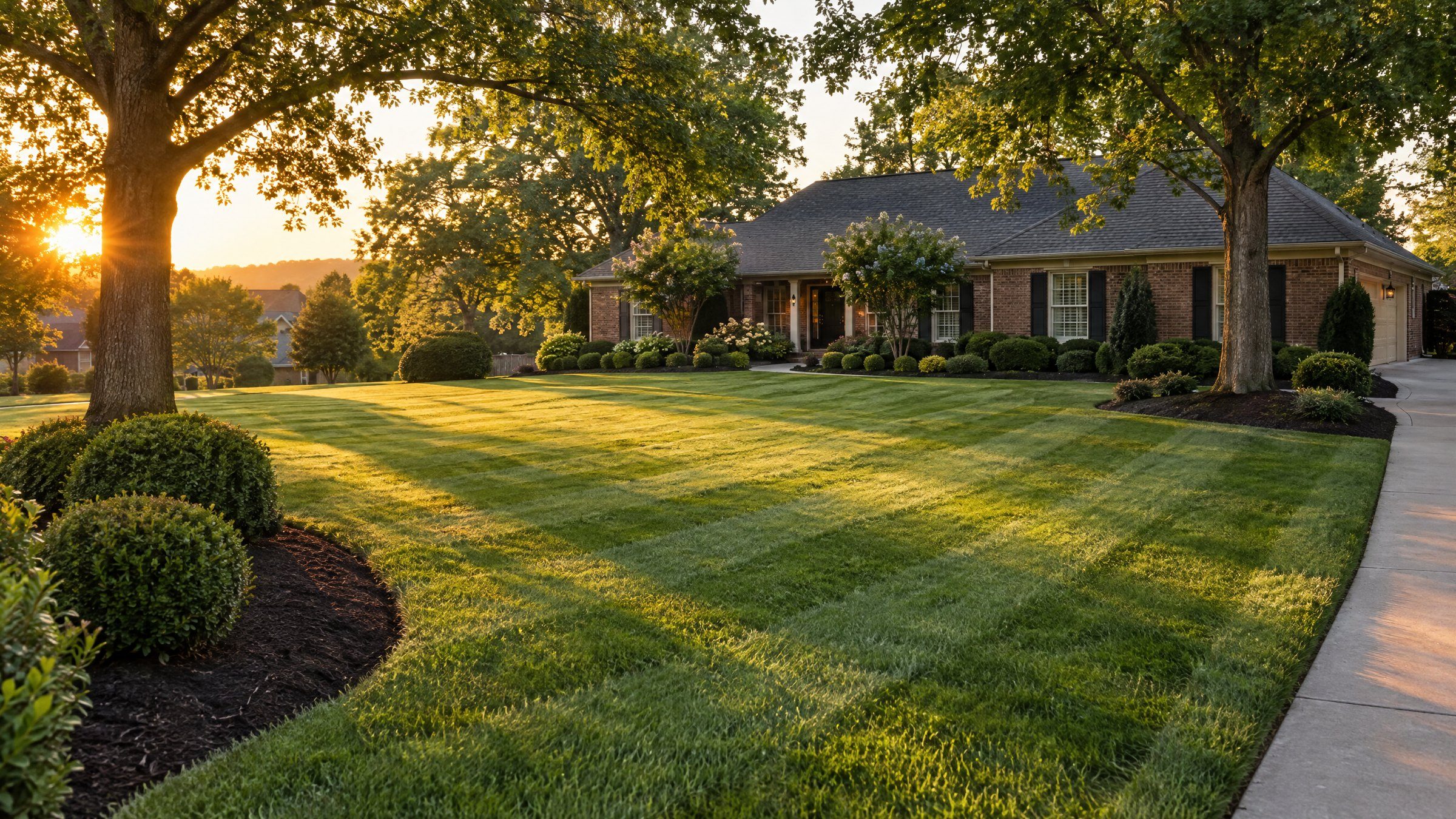 A freshly mowed Middle Tennessee lawn with clean mower stripes at golden hour
